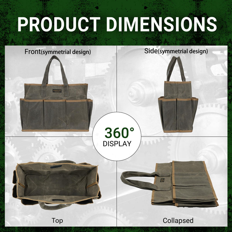 Waxed Canvas Tool Bag Tote, 14 Inch Heavy Duty Tool Organizer with 10 External Pockets & 1 Large Compartment, Army Green