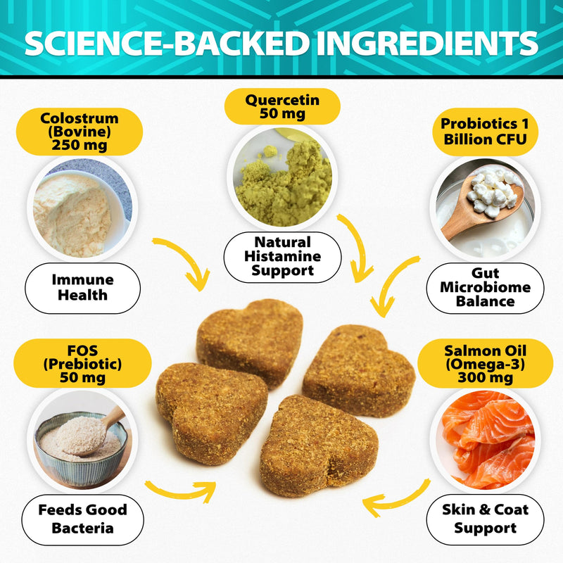 Dog Allergy Chews - Dog Allergy Relief Supplement w/Colostrum, Probiotics - Paw Licking, Itching, Seasonal Changes, Coat - Yeast‑Free for Sensitive Pups - Higher Salmon Oil Levels- 120 Soft Treats 8 oz