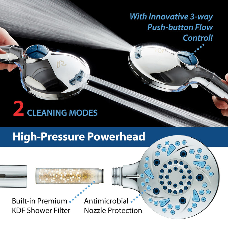 AquaCare High Pressure 10 Spray Mode Filtered Showerhead - Handheld Shower Head Filters Chlorine to Heal Dry Skin, Revive Hair - Dual Power Wash Cleans Tub, Tile, Pets - Hard Water Softener, Chrome Round