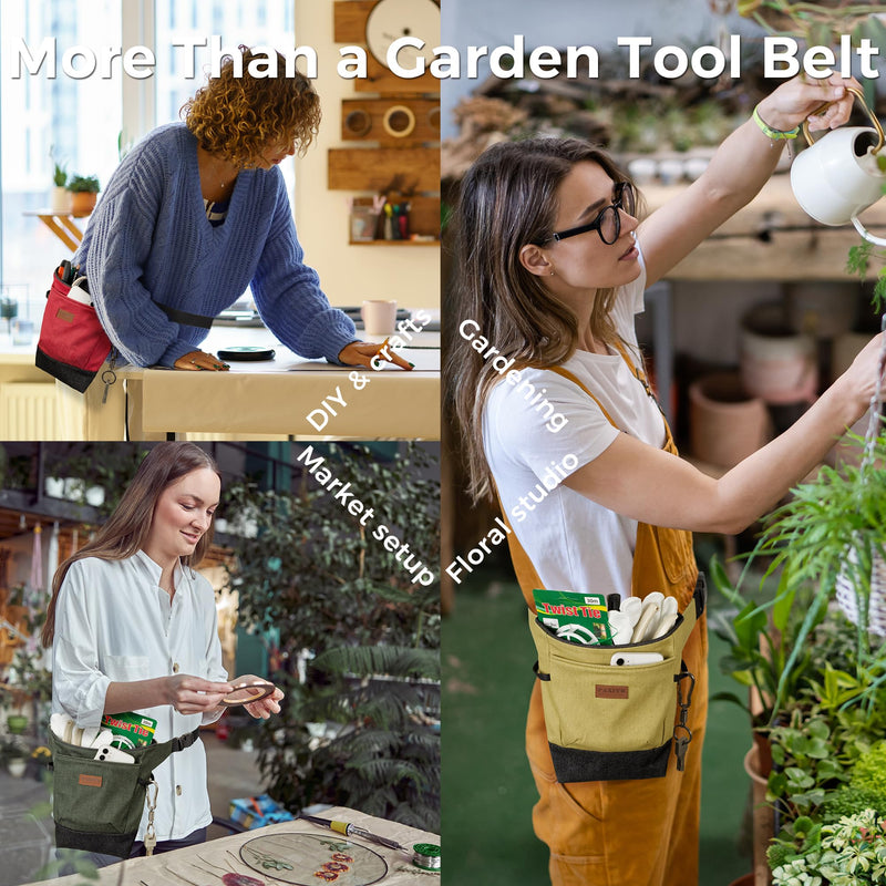 Garden Tool Belt for Women & Men, Burgundy Red Denim Apron with Pockets, Structured Opening, 2 Large Pockets + 2 Inner Pockets, Wide Belt Tool Pouch for Gardening, Florist & Craft