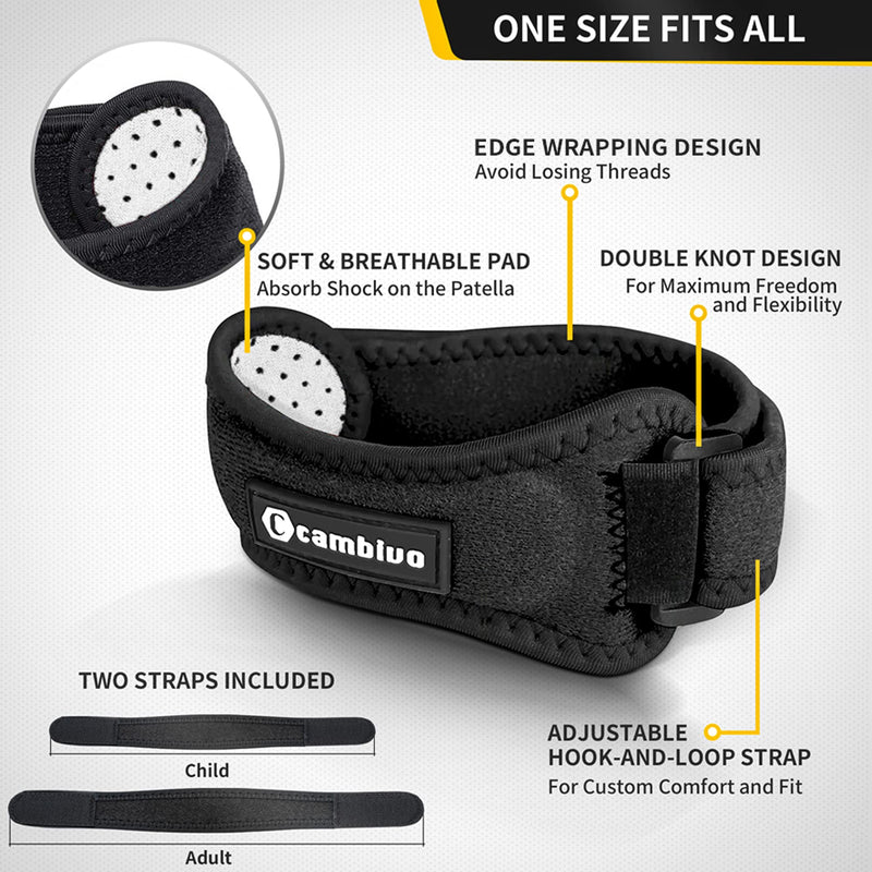 CAMBIVO 2 Pack Knee Braces for Knee Pain, Patella Knee Support Strap, for Tendonitis, Basketball, Running, Hiking, Volleyball, Tennis, Squats (Black) Black