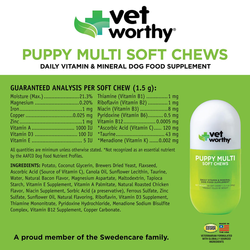 Vet Worthy Puppy Multi Soft Chews - Daily Multivitamin for Dogs - Supports Healthy Growth & Development - Chewable Puppy Multivitamin for Energy Boost and Immunity - Multi Vitamins for Dogs - 60 Count