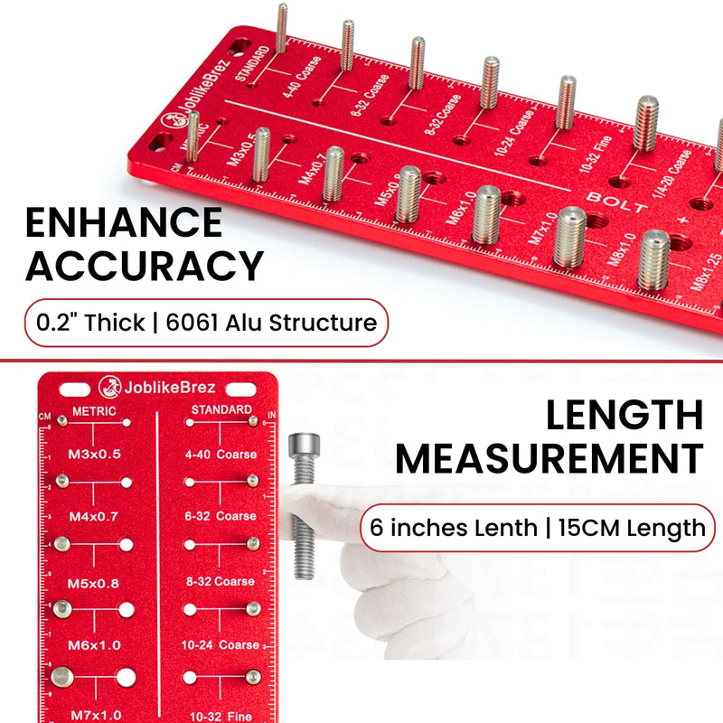 Thread Checker, 30 Nut and Bolt Thread Checker, Bolt Size and Thread Gauge 15 Standard & 15 Metric, Thread Pitch Gauge, Wall-Mountable Bolt Thread Identifier Gauge with Inch & CM Ruler Red