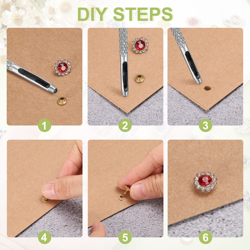 HARFINGTON 100 Set Rhinestone Rivets Studs 11mm Crystal Rivets Sun Flower Diamond Spots Leathercraft Studs for Clothing Leather Fabric Decoration, Red