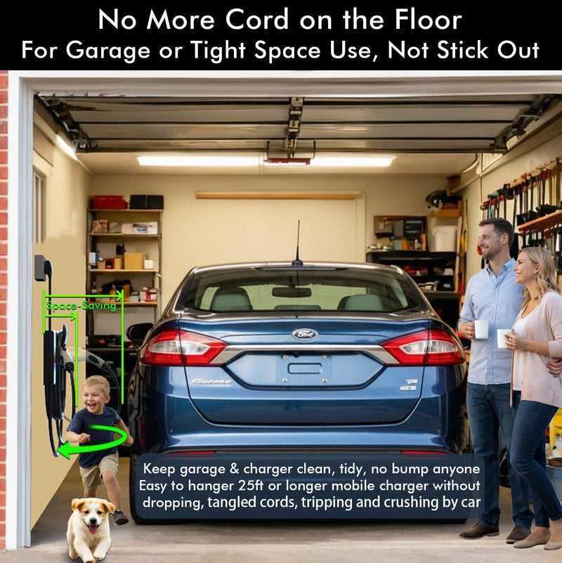 EV Charger Holder, Swivel Electric Car Charger Wall Mount, Garage or Tight Space Use, Not Stick Out, Keep 25ft Cord Off Floor, J1772 Charging Cable Organizer Hanger J1772-308