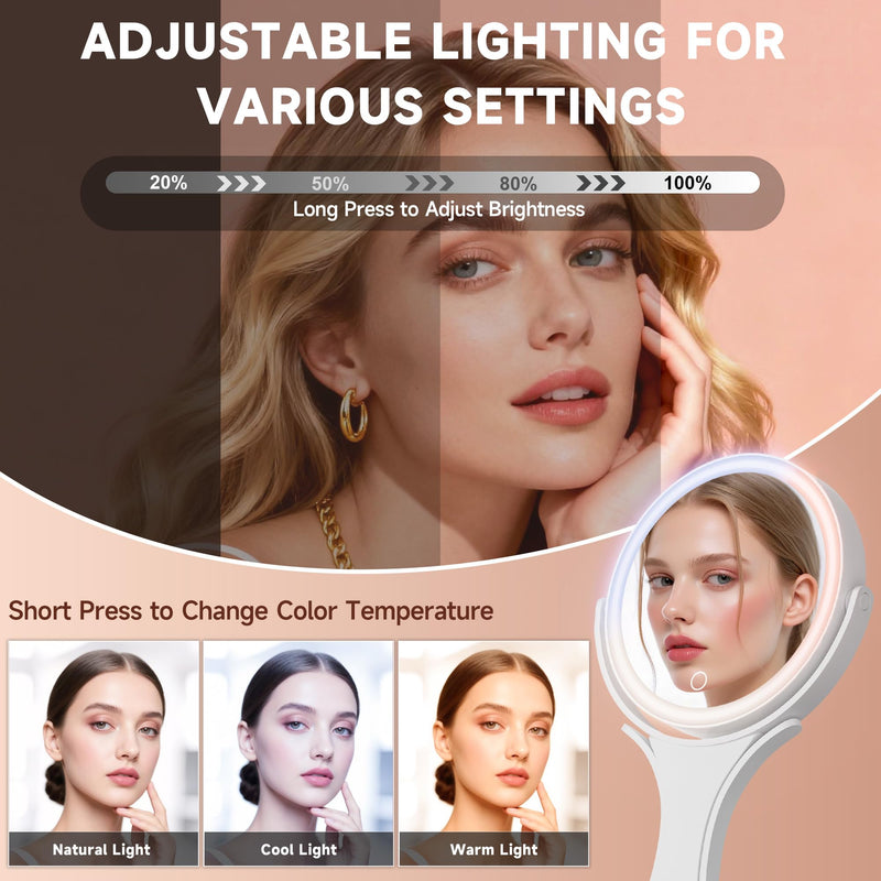 Hasipu Portable Travel Makeup Mirror with Lights – 360° Rotating with 1X/10X Magnifying, Rechargeable Tabletop Handhold Hanging 3 in 1 Mirror (White) White
