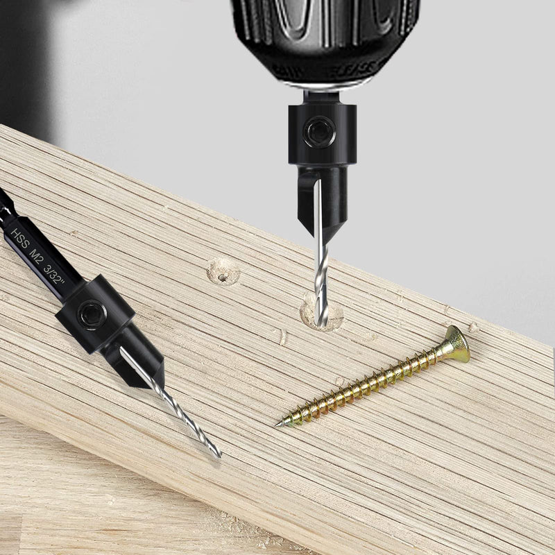 5-pc Woodworking Countersink Counterbore Drill Bit Set 3in1 for #6 8 10 12 16 Screws, M2 Pilot Drill Bits Adjustable Depth, 82-Degree Chamfer with Stop, 1/4” Hex Shank, Includes 2 Allen Wrenches 5Pack Countersink Drill Bits