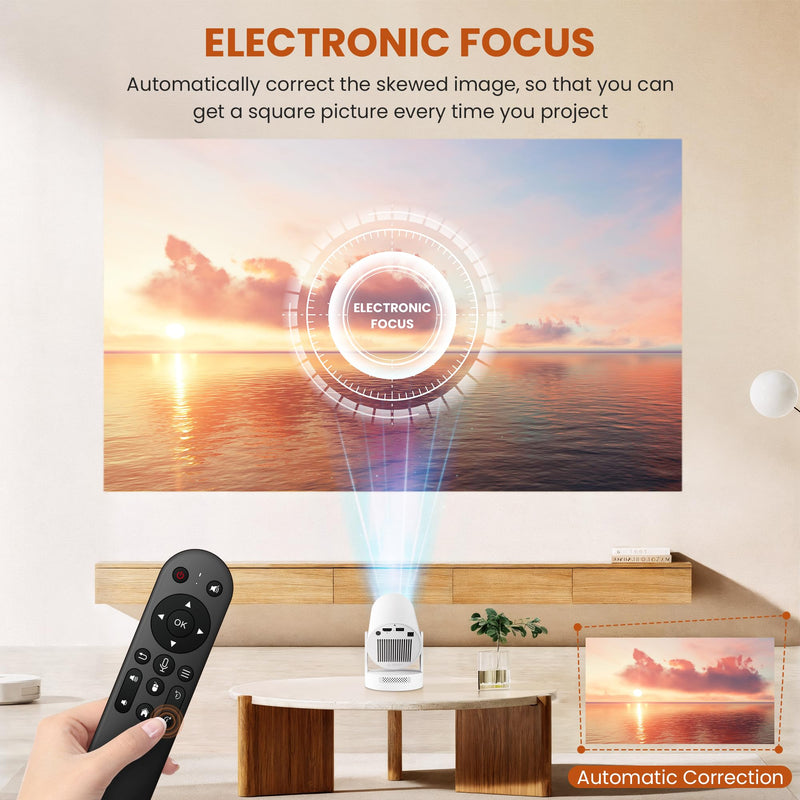 Mini Projector - Electric Focus, 210 ANSI Lumens, Smart Portable Projector for Bedroom & Home Cinema with 4K Support, Auto Keystone, Netflix Certified, Android 11, Voice Control, Air Mouse Remote Electric Focus - HY300Plus