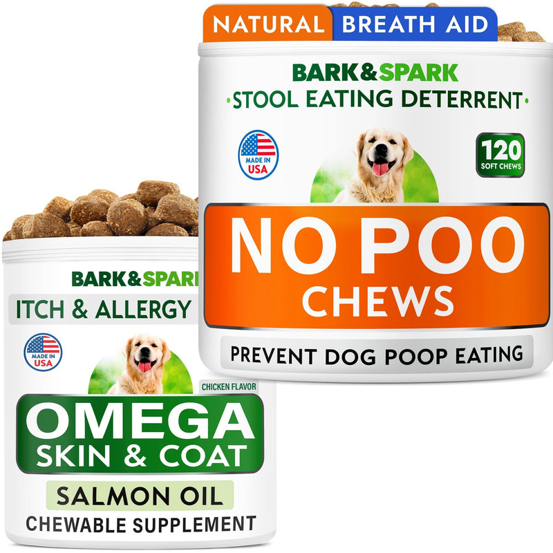 No Poo Chews + Omega 3 Fish Oil Treats Bundle - Stop Dog Poo Eating - Dog Shedding, Skin Allergy, Itch Relief - Digestive Enzymes & Breath Aid Support - Made in USA