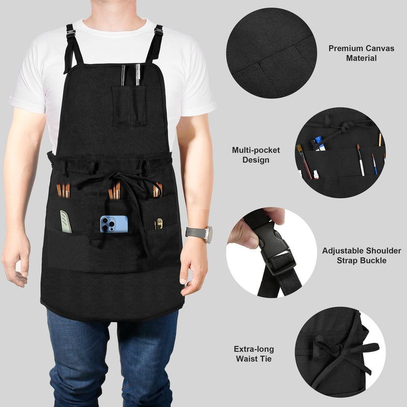 MyLifeUNIT Artist Apron, Adjustable Painting Apron with 10 Pockets for Arts and Craft, Black Canvas Pottery Apron for Women Men