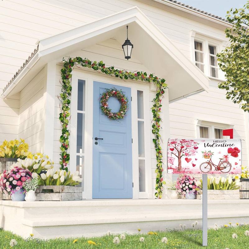 Tiamon Valentines Magnetic Mailbox Cover Valentine's Day Heart Post Box Cover Wraps Valentines Mailbox Covers Standard Size 18 x 21 Inch for Outdoor Yard Home Garden Decorations(Love Tree and Bike) Love Tree and Bike