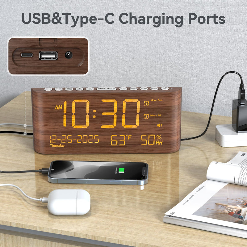 Mesqool Digital Alarm Clock for Bedroom with Date Temperature and Humidity, Dual Alarms，Loud Volume, USB and Type-C Charging Ports (Brown)