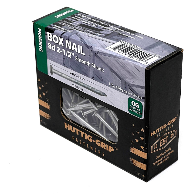 Huttig-Grip 2-1/2 in Framing Box Nails 8d Size, Outdoor Galvanized Finish, 1 lb Pack of 125 Nails 2-1/2 in - 1 lb Pack