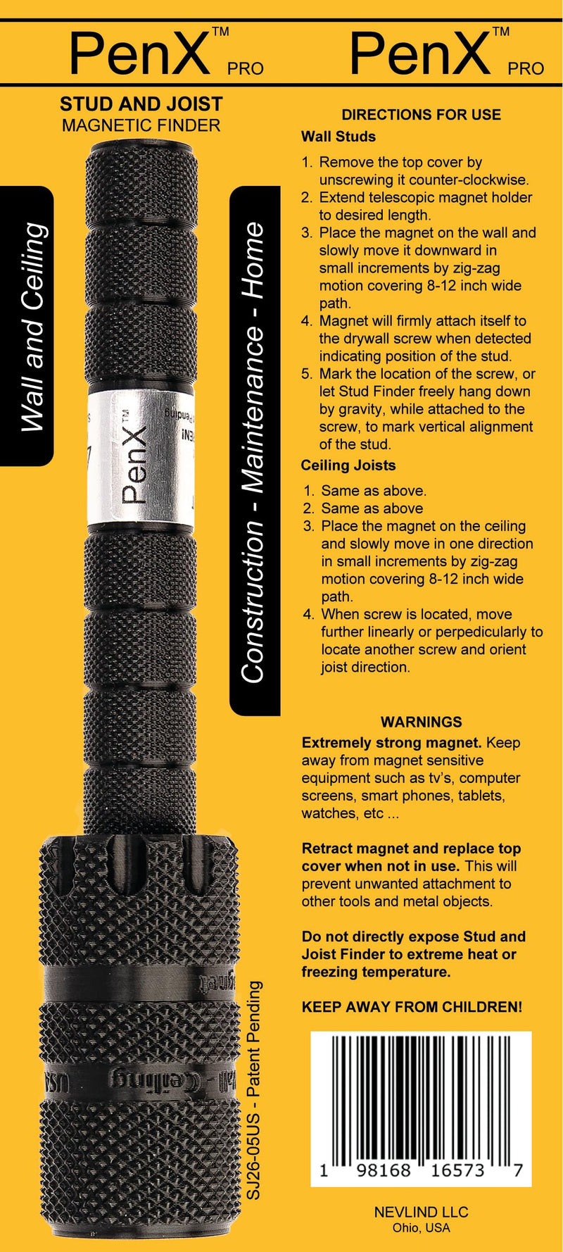 PenX Wall and Ceiling – Stud and Joist – Magnetic Finder - Tool and Scanner - PRO