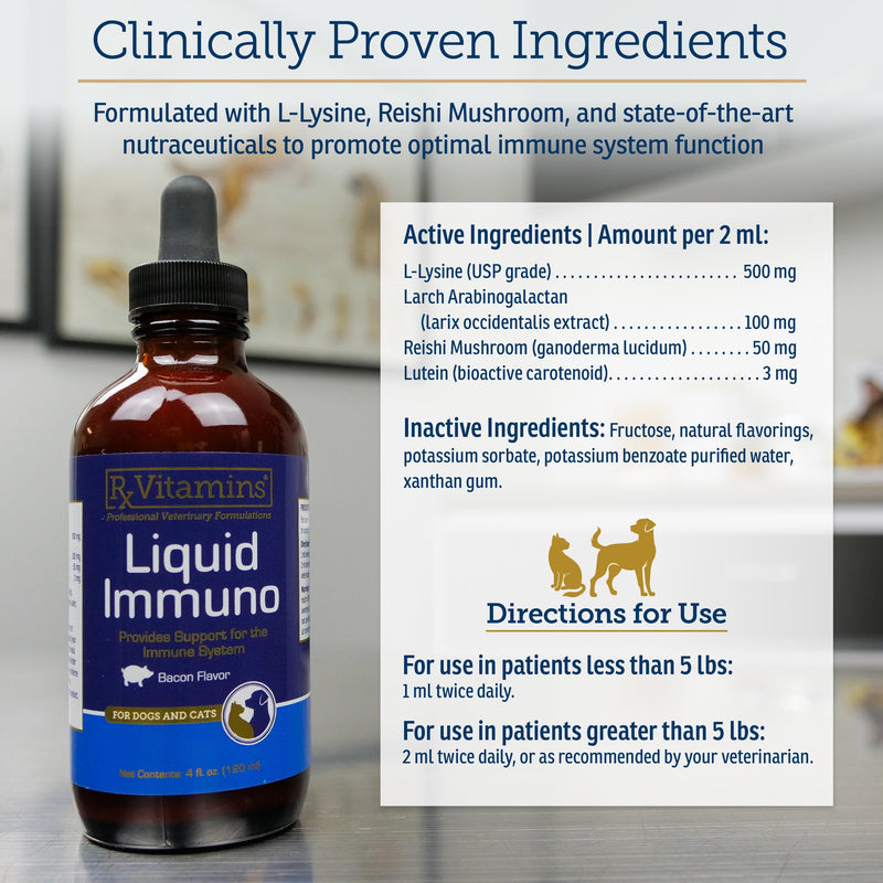 Rx Vitamins Liquid Immuno Dog & Cat Immune Support - Reishi Mushroom Supplement for Dogs & Cats Plus L-Lysine - Ideal Eye Supplements, Immunity Booster Supplements for Pets - 4 oz New Label