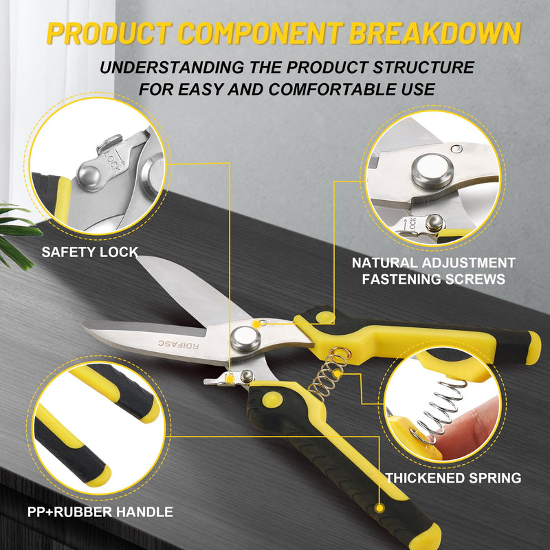 Heavy Duty Scissors Industrial, Tin Snips Heavy Duty,8 Inch Metal Shears,Multi-Purpose Metal Cutter with Comfort Grips,Metal Snips of Cable Wires,Thin Iron,Cardboard