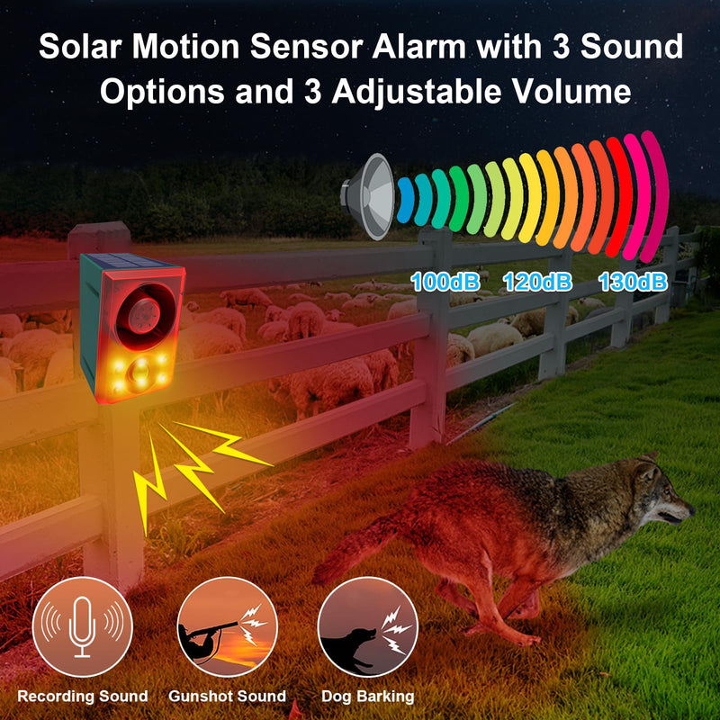 ChunHee Solar Outdoor Motion Sensor Alarm with Dog Barking Gunshot Sound, Support Recording and Adjustable Volume, 130db Loud Noise Maker 3 Work Modes Strobe Light for Home, Villa, Farm, Barn (2pack) 2pack