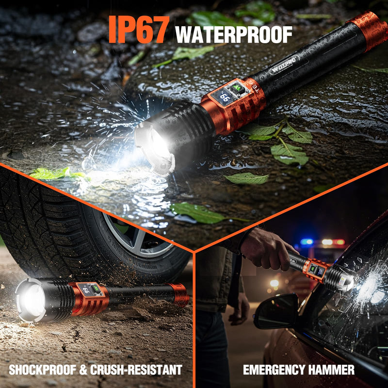 Wdtpro Rechargeable LED Flashlights High Lumens, Super Bright 90,000LM Rechargeable Flashlight with LCD Display, 5 Modes & Waterproof Powerful 10000mAh Handheld Flashlight for Camping Emergency Orange