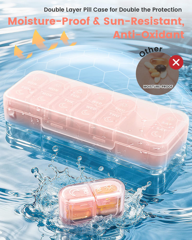 Weekly Pill Organizer 2 Times a Day, Daily AM PM Pill Box Case 7 Day with Large Openings for Easy to Use, Travel Medicine Container for Medication, Vitamins, Supplements - Pink