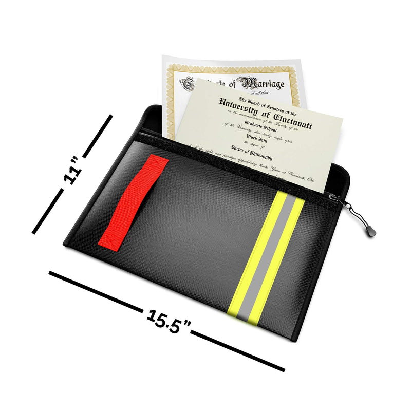Fireproof & Water-Resistant Document Bag – 15.5 x 11 x 3-inch Pouch for Legal Documents & Valuables - Double-Layered Zippered Protection – Firefighter Designed (Black) Black