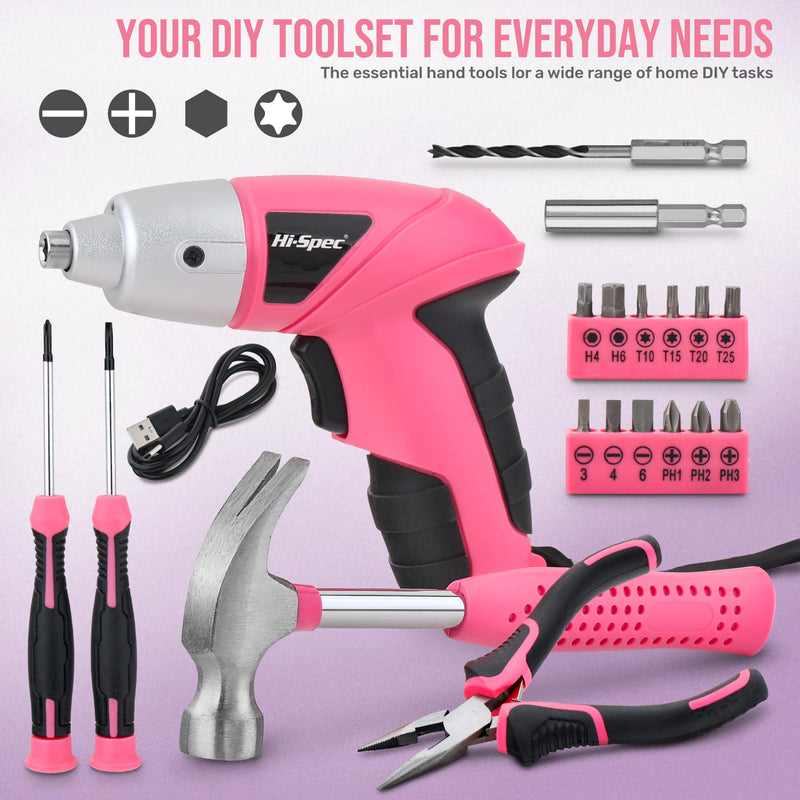 Hi-Spec 3.6V Cordless Electric Screwdriver and Tool Kit for DIY, Pink Light Pink
