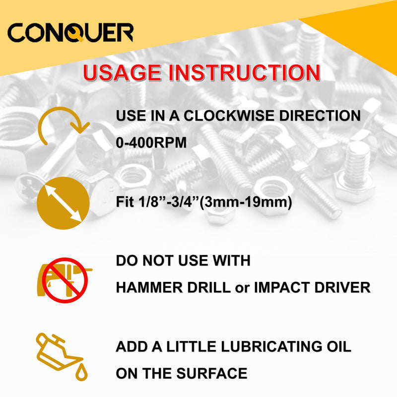 CONQUER Tools Deburring External Chamfer Tool, Premium Tungsten Blade, Deburring Drill Bit, Remove Burr Tools Quick Release Shank Fits for 1/8"-3/4"(3mm-19mm) Stainless Steel Burr Removal, Countersink PREMIUM TUNGSTEN Blade 1/8"-3/4"(3mm-19mm)