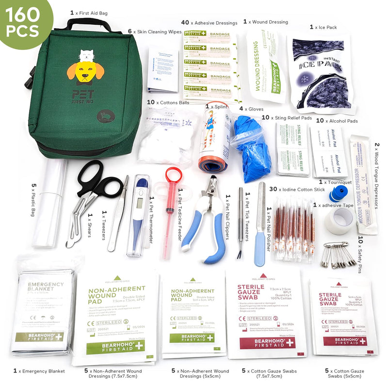 BearHoHo 160pcs Medical Supplies Storage Bag Portable Molle Pet First Aid Kit Dog Survival Kit Military Dog Emergency Rescue Medical Bag (Green) Green - PawsPlanet Australia