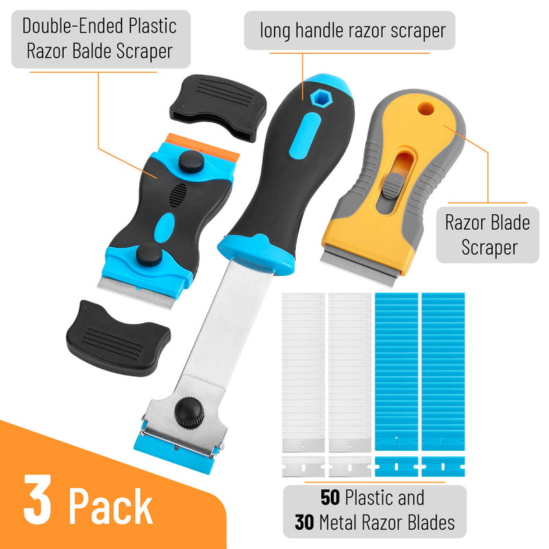 Bates- Razor Blade Scraper Set, 3 Pack, Razor Scraper Set with Extra 50 Plastic & 30 Metal Blades, Window Scraper Tool, Glass Scraper Blades, Razor Blade Retractable, Paint Scraper Tool