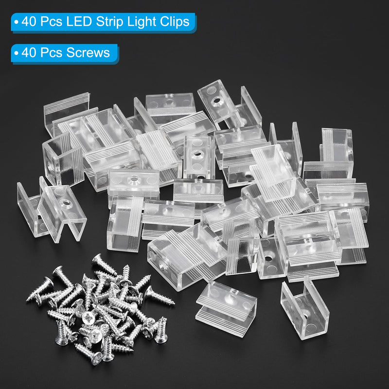 PATIKIL LED Strip Light Clips, 40 Pack Mounting Bracket Fixing Clips Plastic Clamp Holders with Screws for 8mm Neon RGB Light Cable Ribbon, Clear