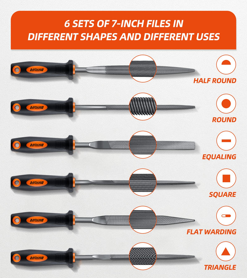 7'' Needle File Set (Carbon Steel 6 Piece-Set) File Handles, Hardened Alloy Strength Steel - Set Includes Flat, Flat Warding, Square, Triangular, Round, and Half-Round File (6-Piece) 7'' File Set- 6 Piece