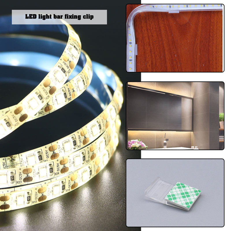 The Lord of the Tools 50Pcs Clear Light Strip Clip with Screws Self Adhesive Light Strip Mounting Clips Led Light Fasteners Mounting Holder for Cabinets Outdoor Office Car Plastic