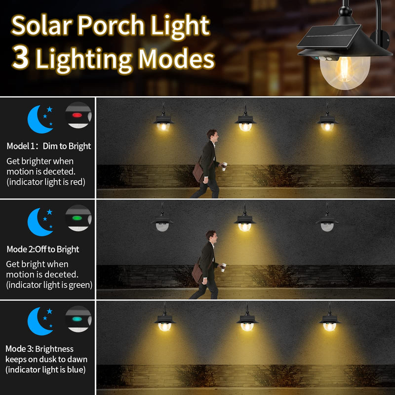 Auzev Solar Lantern Lights Outdoor Retro Solar Barn Light with 3 Lighting Modes & Motion Sensor, Wall Mount Waterproof Outside for Farmhouse, Patio, Garden, Shed and Courtyard (Black-1Pack) Black-1Pack