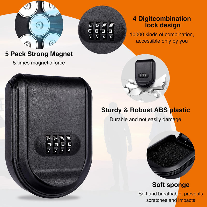 Magnetic Key Box for Under Car with 5 Strong Magnets, Hide a Key Outside with Resettable Combination Lock Box, Waterproof Magnetic Key Holder for Outdoor, Vehicle, Home, or Office Use (1, Black) 1