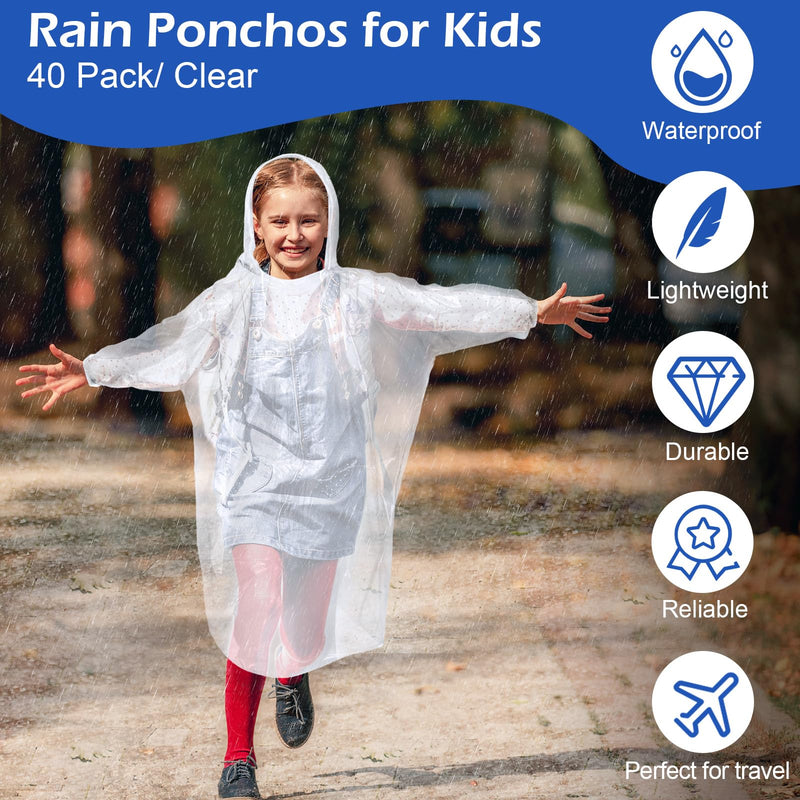 Berlune 40 Pcs Kid Ponchos Bulk Disposable Kids Rain Ponchos Bulk Emergency Raincoat with Drawstring Hood and Elastic Sleeves One Size Clear