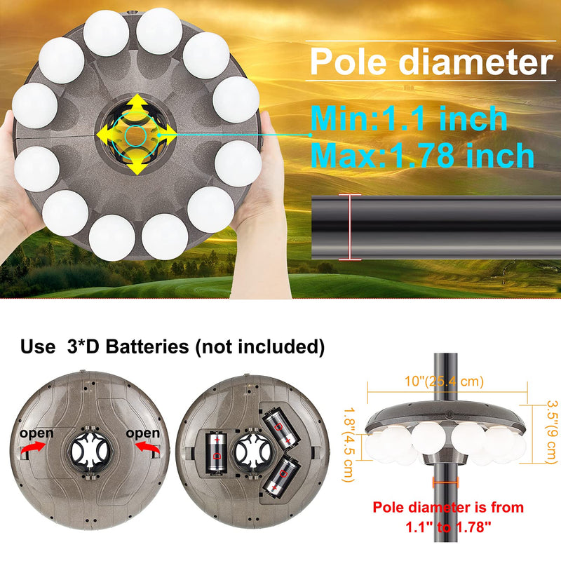 Patio Umbrella Light, 3xD Battery Operated Umbrella Pole Light with Remote 80Ft Through Wall, 12 Bulb 60 LEDs, 4 Modes, 12 Color Changing Outdoor Camping Light with Hanging Ring for Umbrella
