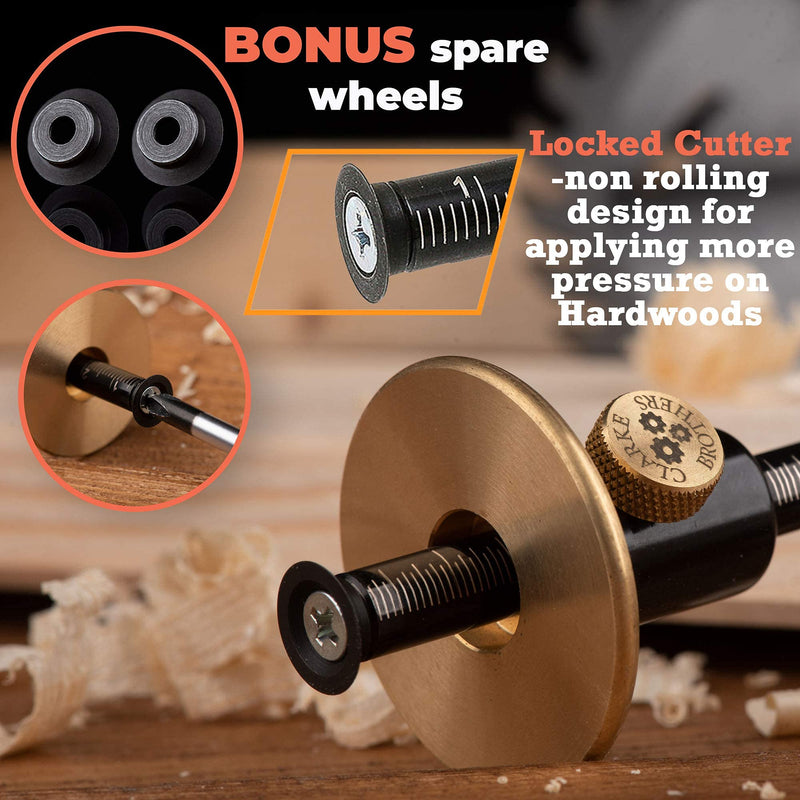 Clarke Brothers Wheel Marking Gauge - Woodworking Marking Scriber Kit With 2 Replacement Cutters - Wood Marking Tools With Graduated Inch & MM Scale - Wood Scribe Tool For Carpenter