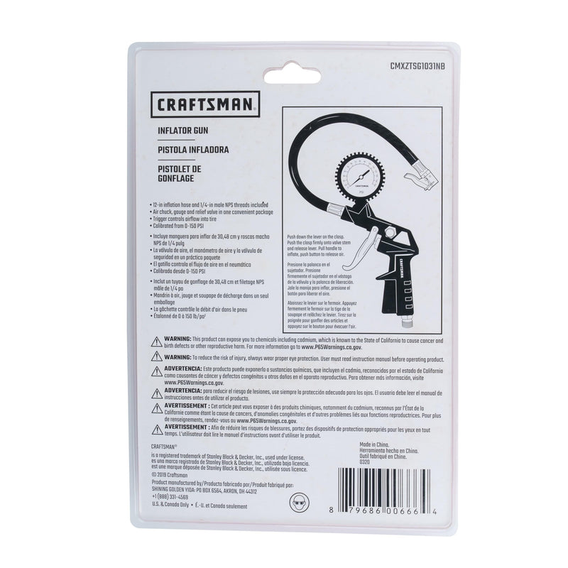 CRAFTSMAN Inflator Gun, 0-150 PSI, 3-in-1 Multi-Function Gauge, Air Chuck and Relief Valve, Cold-Resistant 12-in Inflation Hose, Versatile Attachments, and 1/4-in NPS Male Threads
