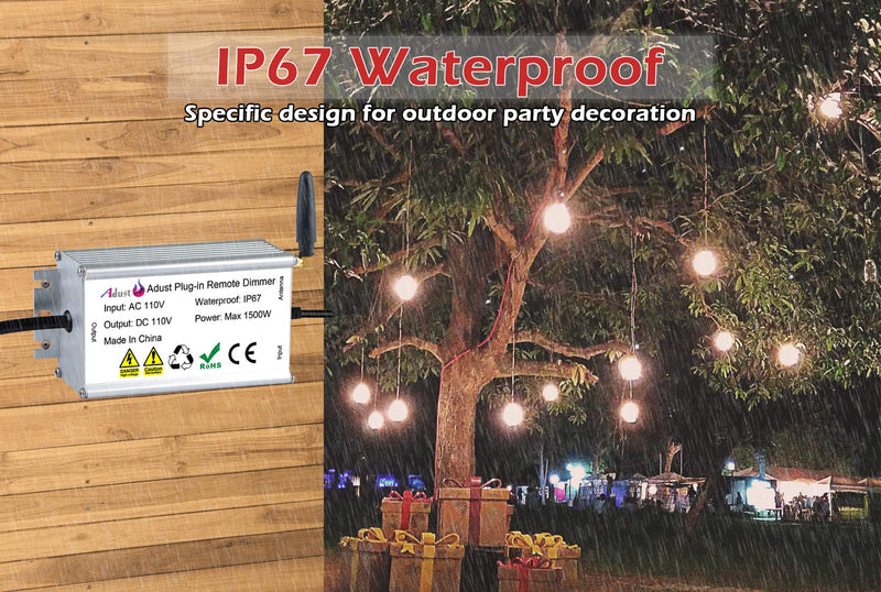Outdoor Dimmer for String Lights 1500W, IP67 Waterproof/150FT Range/Timer Control/3 Prong Outlet for Outdoor LED String Lights & Incandescent Bulbs, Wireless RF Remote Plug-in Dimmer Switch