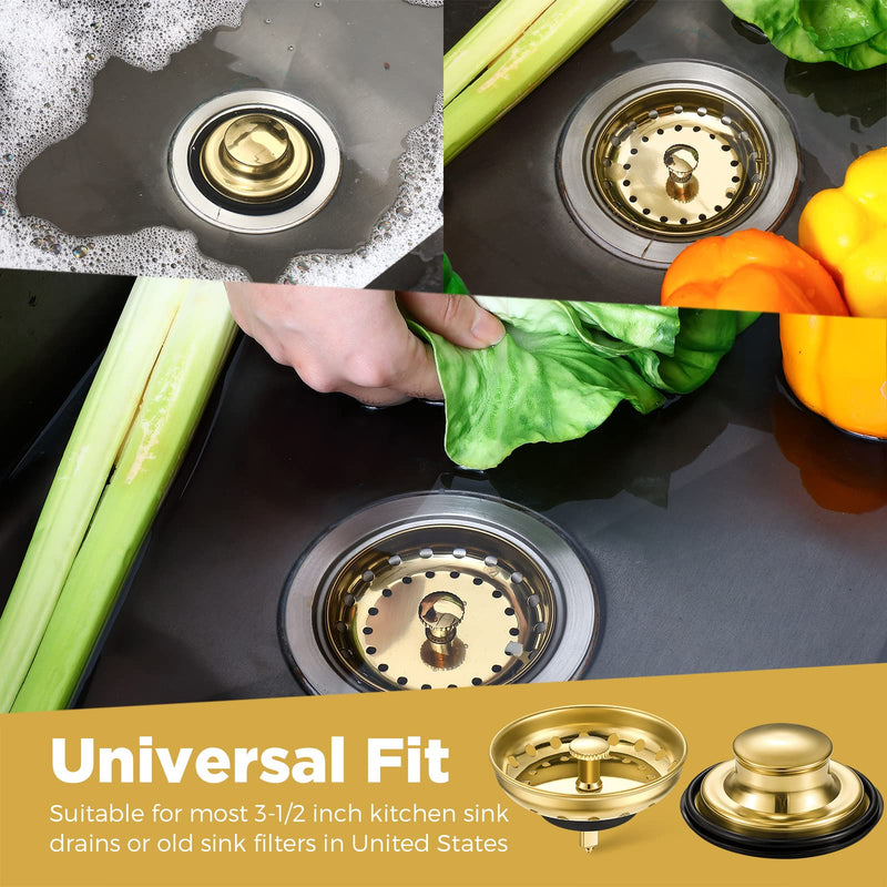 Mudder 3 Pcs Kitchen Sink Drain Strainer and Stopper Stainless Steel Garbage Disposal Plug with Handle Universal Anti-Clogging Kitchen Sink Filter Sieve Basket Strainer(Light Gold) Light Gold