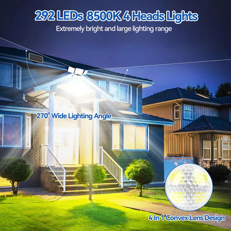 Aialun Solar Security Lights Outdoor with Dual Motion Sensor, 8500K 292 LEDs 4 Heads Split Solar Flood Lights with 16.4ft Cable&Remote Control, 3 Mode Flood Wall Lights for Backyard, Garage-1 Pack 1 Pack