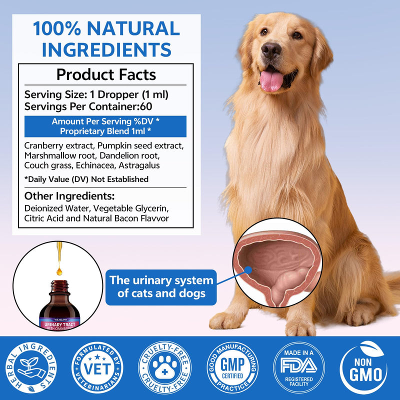 WEALLIN Cat & Dog Natural Urinary Tract Infection Treatment with Cranberry, Kidney, and Bladder Support Supplement, Support for Urinary Comfort & Bladder Flow – Pet Renal Care Support Drops 1 PC