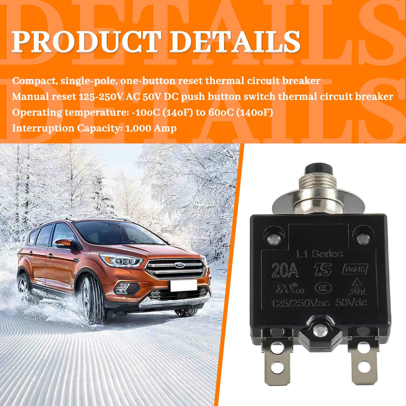 HUWREW 20 Amp Push Button Circuit Breaker 125-250V AC 50V DC L1 Series Manual Reset Thermal Circuit Breaker 20A Thermal Overload Protector