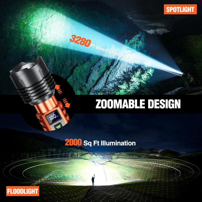 Wdtpro Rechargeable LED Flashlights High Lumens, Super Bright 90,000LM Rechargeable Flashlight with LCD Display, 5 Modes & Waterproof Powerful 10000mAh Handheld Flashlight for Camping Emergency Orange