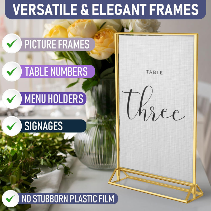 Gold Picture Frames Double-Sided, 6-Pack 5x7 Acrylic Table Number Holders, Clear Easel Stands for Signs, Gold Frames for Wedding Table Numbers, Menu Holders, and Photo Displays for Events and Décor 5x7 (6 Pack)