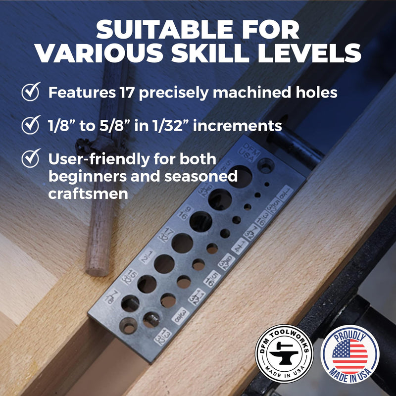 Doweling Tool - Premium Dowel Maker Tool, Versatile Dowel Plate, High-Grade A2 Steel for Woodworking, Made in USA - English 17 Holes, Multi-Size