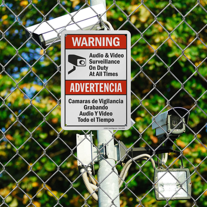 SmartSign "Warning - Audio & Video Surveillance On Duty At All Times" Bilingual Sign | 7" x 10" Aluminum 10" x 7"