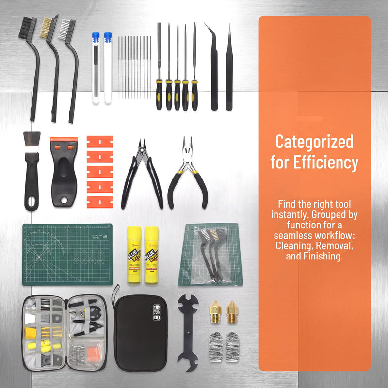 60PCS 3D Printer Cleaning Tool Kit for Bambu Lab, Nozzle Cleaning Needles, Deburring Tools, Scraper, Pliers, Tweezers, Cutting Mat, Glue Stick, Complete Accessories Set with Storage Bag