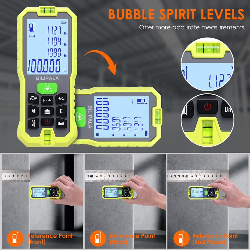 Laser Distance Measuring Tool, 100M/328ft Laser Measure, ±2mm Accuracy Laser Distance Meters with Backlit LCD, Measuring Distance, Area, Volume, Pythagorean Mode for Indoor/Outdoor Use(Green Laser)