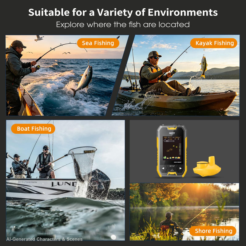 LUCKY Kayak Portable Fish Depth Finder for Boats and Bank | Wireless Handheld Fish Finders with Transducer Castable Fishing Sonar for Pole Freshwater Saltwater Fishing