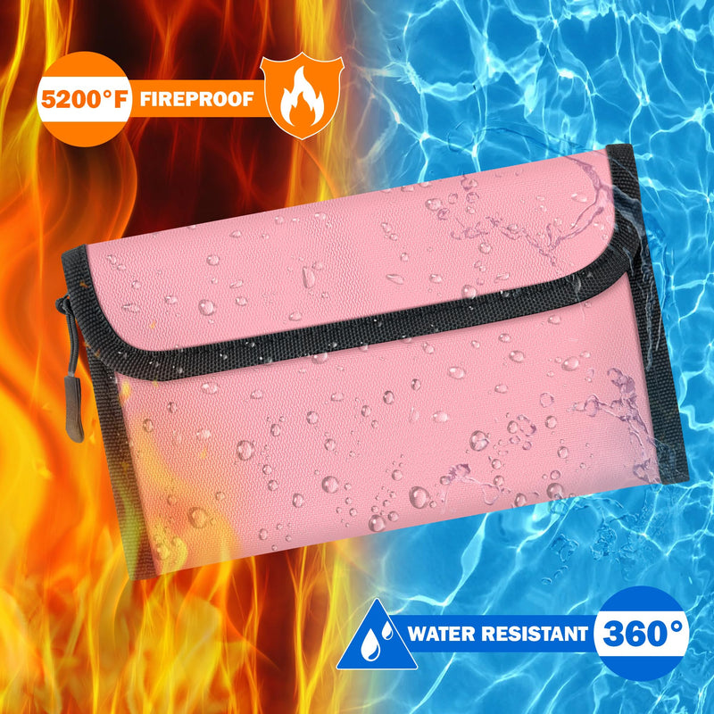 Fireproof Waterproof Document Bag - 5200°F Water Resistant Fire Proof Money Bag, 3 Layers of Heat Insulated Storage with Zipper, 7.9"x5" Portable Files Safe Pouch for Cash Passport (Pink) 7.9"x5" 5200℉ Pink